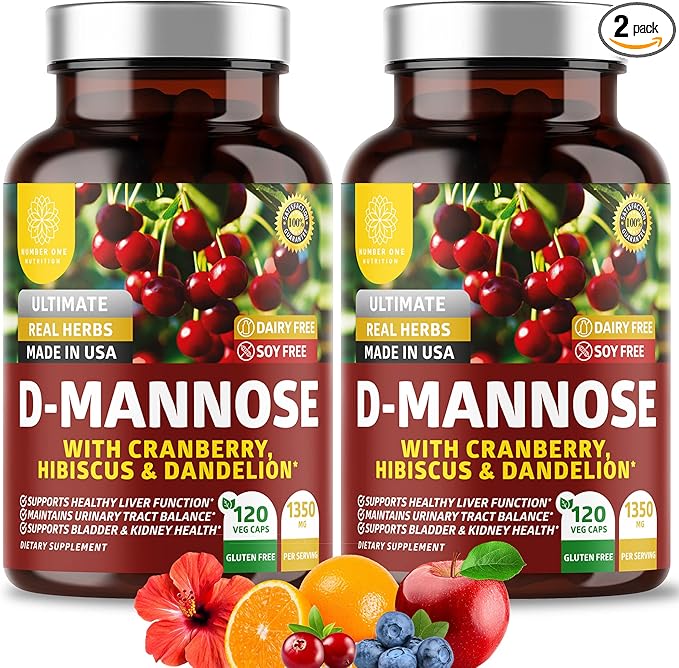 Number One Nutrition Premium D Mannose with Cranberry and Hibiscus [Max Strength 1350mg] (120 Count (Pack of 2))