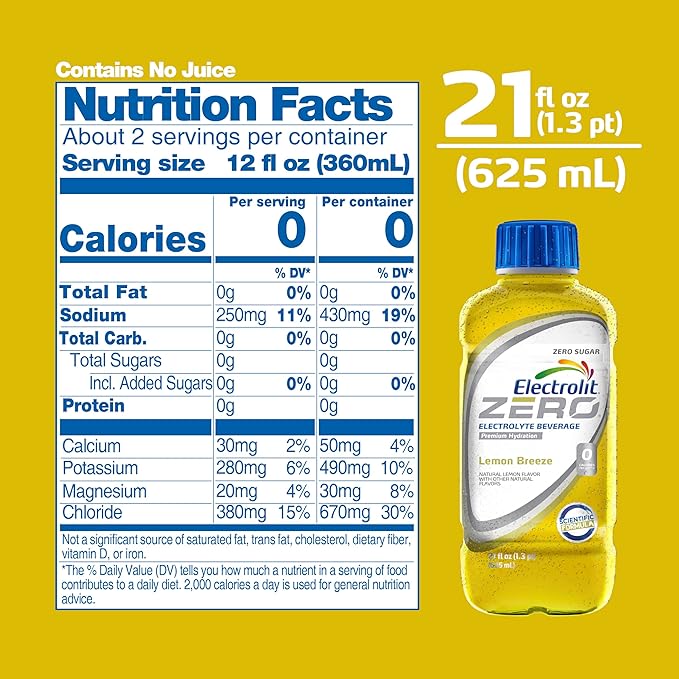 Electrolit Hydration Electrolyte Drinks Sports Beverages with Electrolytes Magnesium Calcium &amp Potassium Recovery Drink for Post Workout 12 Pack (Zero Lemon Breeze)