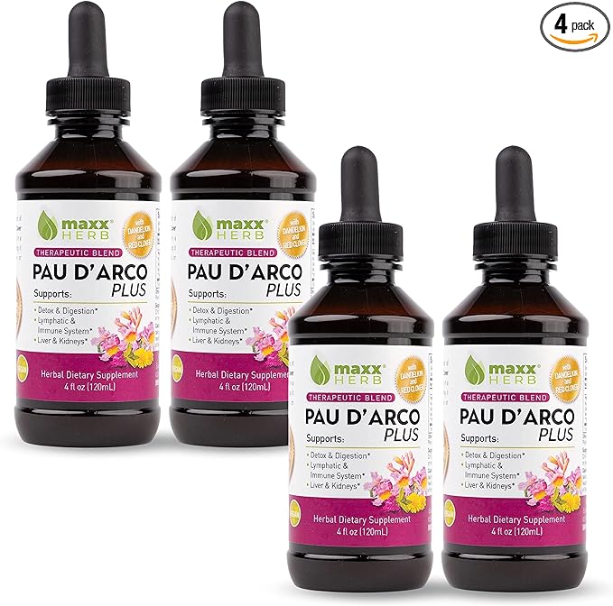 Maxx Herb PAU D’Arco Extract with Dandelion Root &amp Red Clover Therapeutic Blend PAU Darco Tincture Absorbs Better Than Taheebo Tea or Capsules for Immune Support 4 Bottles (240 Servings)