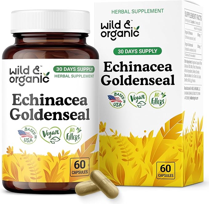 Wild &amp Organic Echinacea Goldenseal Capsules - Immune &amp Lung Support - Goldenseal Echinacea Supplement - Hydrastis Canadensis &amp Purpurea Complex - Vegan No Fillers Non-GMO - 60 Count