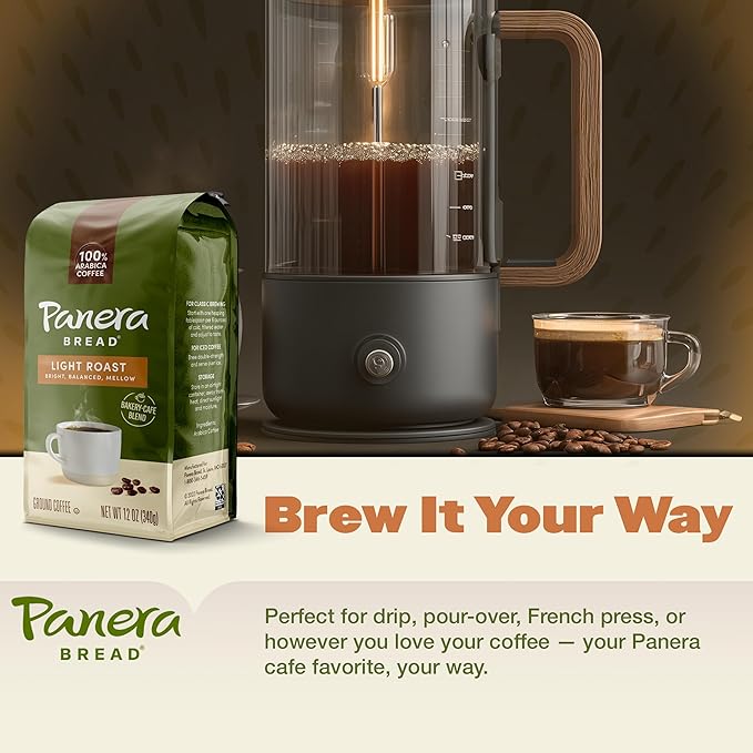 Panera Light Roast Ground Coffee 100% Arabica Sustainably Sourced – Smooth Bright &amp Balanced Flavor – Clean Label No Artificial Ingredients – Kosher Gluten-Free 12oz Bag Pack of 6 (72oz Total