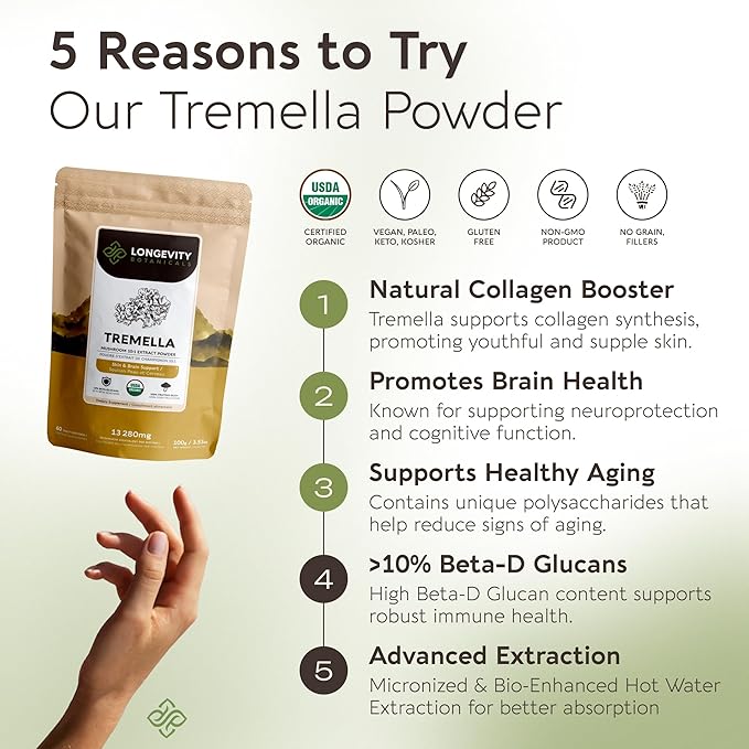 Organic Tremella Mushroom Powder Supplement 10:1 Extract 100g | Snow Fungus Fuciformis 100% Fruiting Body | ≥30% Beta-D-Glucans | 60 Servings of 1660mg | Skin Hydration Complexion &amp Beauty Suppo