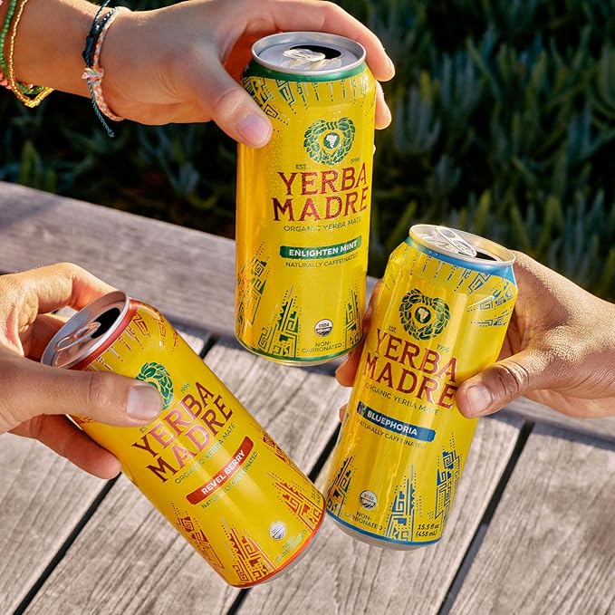 Yerba Madre Organic Yerba Mate Enlighten Mint 150mg Natural Caffeine Energy Drink Alternative No Jitters or Crash 15.5 Oz Cans (Pack of 12)