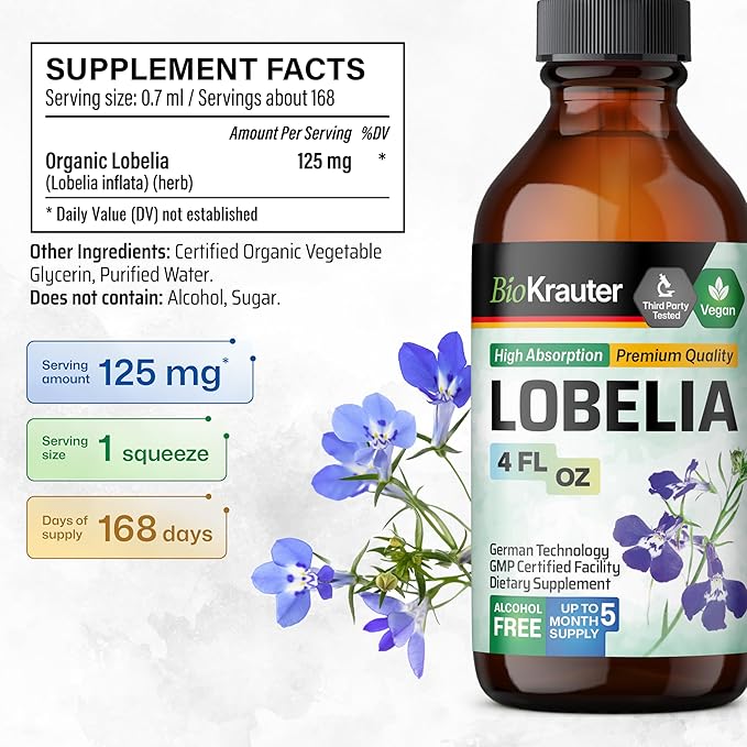 BIO KRAUTER Lobelia Tincture for Lung Cleanse &amp Detox - Pure Vegan Lobelia Herb Liquid Extract - 4 Fl.Oz 168 Days of Supply - Respiratory Support Supplement - Alcohol &amp Sugar Free Non-GMO
