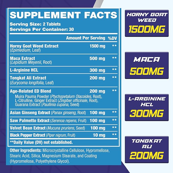 Hornygoatweed for Men 12 In 1 HornyGoatWeed Male Enhancing Supplement with 1500mg Hornygoatweed 500mg Maca Root Ginseng Tongkat Ali Ginger for Stamina &amp Energy Max Strength - 180 Tablets