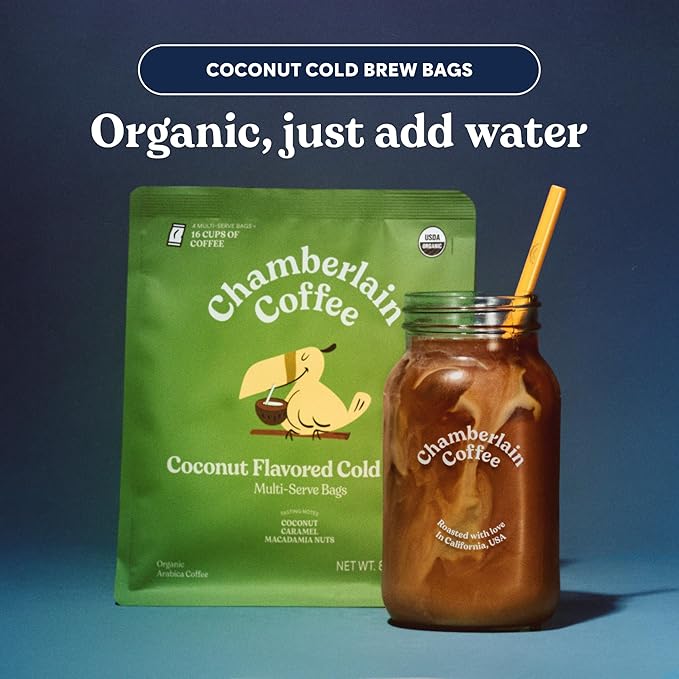 Chamberlain Coffee Organic Coconut Cold Brew XL Coffee Bags Medium Roast - Premeasured Ready to Brew - Makes 4 Cups per Bag - Perfect for Iced Coffee Convenient and Easy Brewing Experience - 8.5 oz