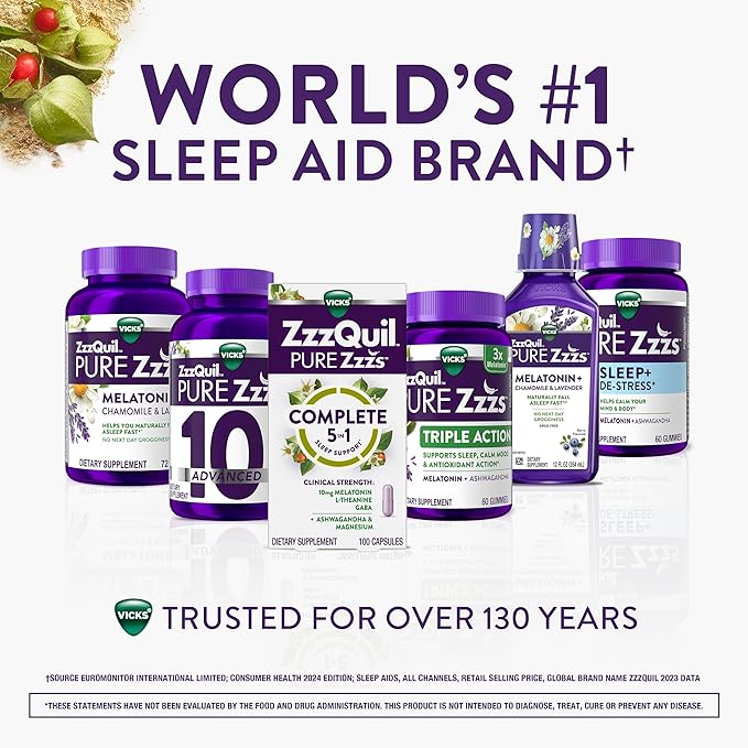 ZzzQuil Pure Zzzs Complete Sleep Melatonin 10mg L-Theanine GABA with Ashwagandha and Magnesium Melatonin Sleep Aid 100 Count