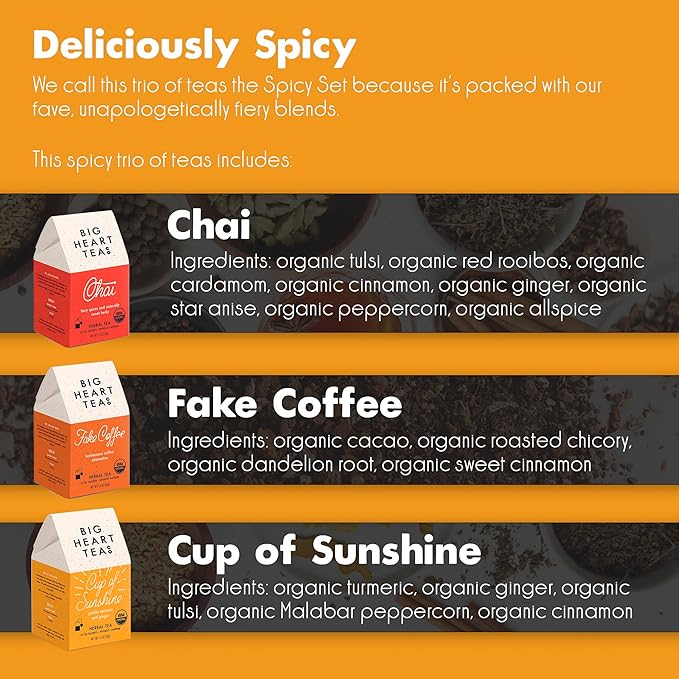 Big Heart Tea Co. Spicy Tea Bags Gift Set - Certified Organic Ayurvedic Herbal Tea - Small Batch Ground Herbs Spices in Zero Plastic Sachets - Healthy Tea Variety Box - 3 Flavors 30 Pack
