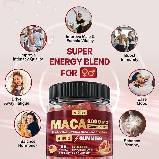 Maca Root Filled Gummies 2000mg for Women Men | Sugar Free | Organic Black Red Yellow Maca Root Supplement Gummy Chews with Ashwagandha Ginseng &amp Zinc | Vegan Non-GMO Grapefruit Flavor 60 Cou