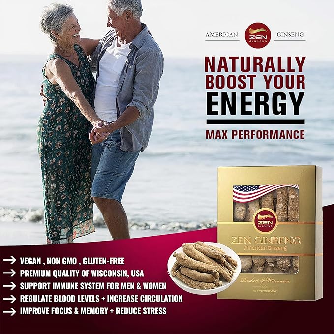 1 Box of American Wisconsin Ginseng Super Long Jumbo Root (4oz) Performance &amp Mental Health for Men &amp Women