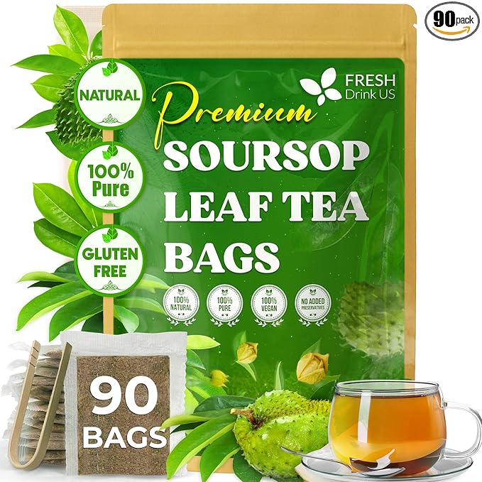 FreshDrinkUS Premium 90 Soursop Graviola Leaf Tea Bags 100% Natural and Pure from Soursop Leaves Handmade Made With Natural Materials-Corn Fiber Tea Bag Sugar/ Caffeine/ Gluten Free Hoja Guanaba