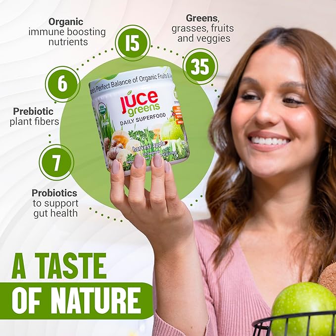 Terra Kai Organics JUCE Green Superfood Powder Organic Fruits and Veggies Supplement W/ 77 Superfoods Plus Prebiotic Probiotic Blend Harvest Apple Flavor - 20 Servings (250 g)