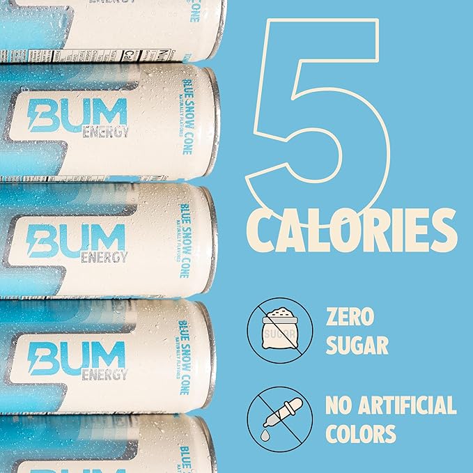 BUM Sugar-Free Energy Drink Blue Snow Cone - Lightly Carbonated &amp No Artificial Colors Natural Caffeine &amp Citicoline for Energy &amp Focus Brain Boost &amp Workout Sports Beverage - 12 oz