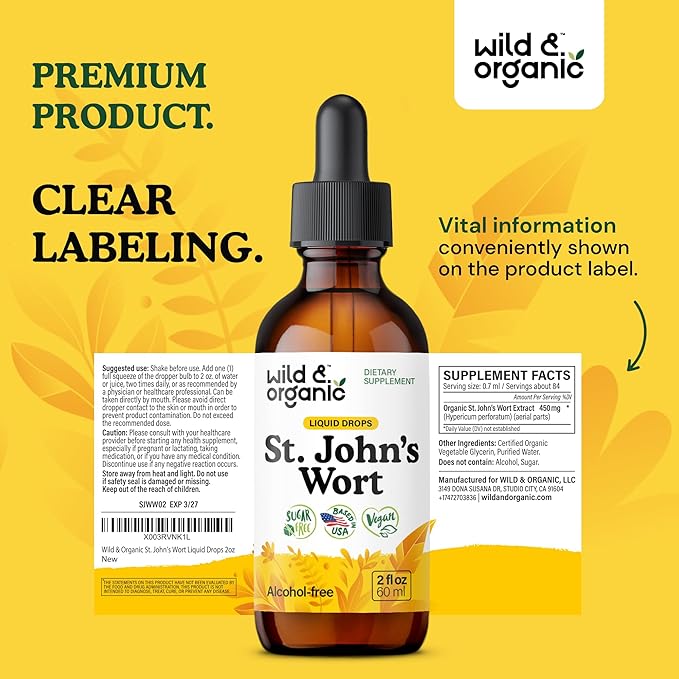 Wild &amp Organic St Johns Wort Tincture - Mood Support - Relaxing St. John's Wort Supplement - Liquid Hypericum Perforatum Herb Drops - Vegan Sugar &amp Alcohol-Free - 2 fl oz