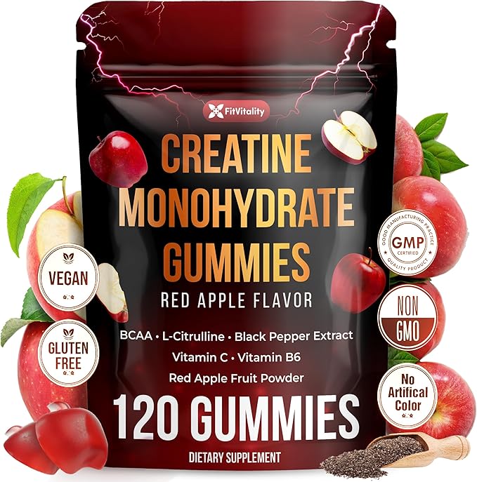 Premium 120 Creatine Gummies - Formulation with Creatine Monhydrate Vitamin C &amp B6 - Vegan Non-GMO Sugar-Free Red Apple Flavor