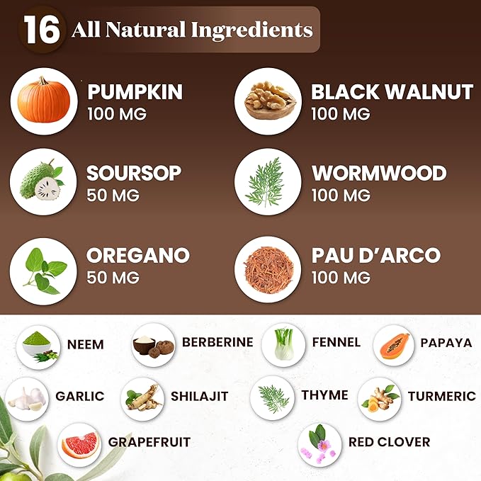 Wormwood Black Walnut Cleanse for Humans Drops Liquid Soursop Garlic Pumpkin Seed PAU D'Arco Oil of Oregano Turmeric Berberine Neem Extract Hull Bark Tincture - 6 oz