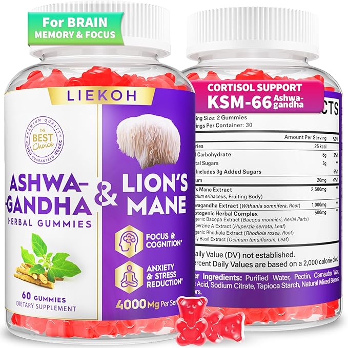 Ashwagandha Gummies - Organic Ashwagandha &amp Lions Mane Gummies for Adults with 4 Adaptogenic Herb for Stress Cognitive &amp Immune Support| Cortisol Supplements for Women &amp Men Berry Flavor