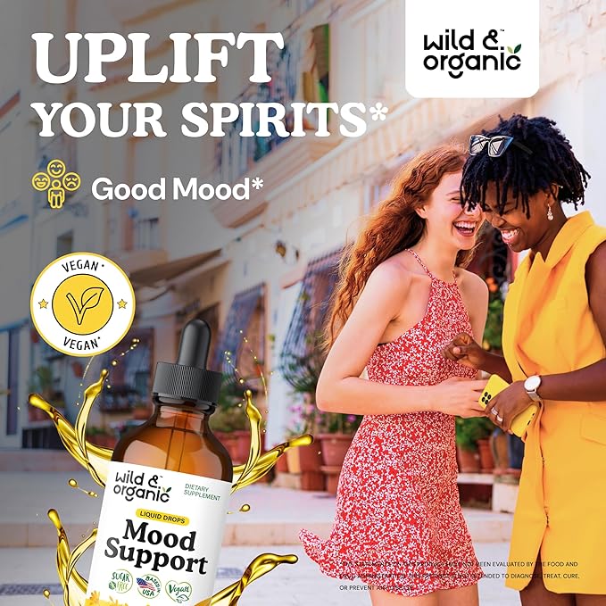 Wild &amp Organic Mood Support Supplement - Natural Liquid Drops for Positive Energy - Calm Mind Supplement for Women and Men - Non-Alcohol Ashwagandha &amp Rhodiola Rosea Root Tincture for Good Moo