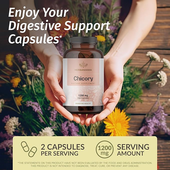 HERBAMAMA Chicory Root Fiber Capsules - 1200mg Chicory Root Powder for Gut Cleanse &amp Digestive Support - Vegan Non-GMO Inulin Prebiotic Fiber Supplement