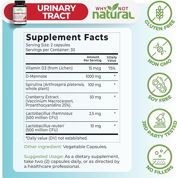 Why Not Natural 5-in-1 UTI Pills with D Mannose Cranberry PAC Extract Probiotics and Vitamin D - Urinary Health Formula for Women and Men