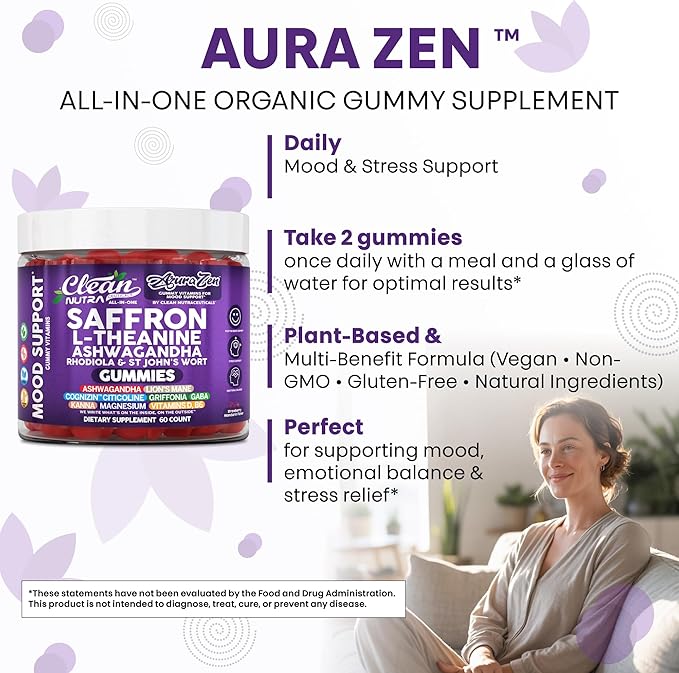 AuraZen Mood Support Saffron Gummies L-Theanine Ashwagandha Rhodiola St John's Wort Lions Mane GABA Vitamin D Magnesium Supplement | Calm Vegan Plant-Based Herbal Gummy By Clean Nutra
