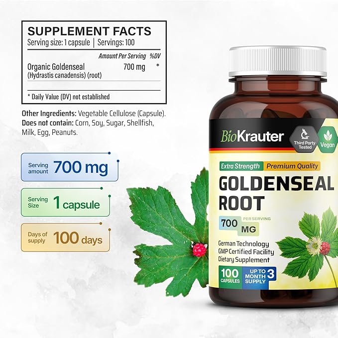 BIO KRAUTER® Goldenseal Root - Pure &amp Vegan Goldenseal Capsules 700mg/serving 100 Caps - Immune &amp Respiratory Support - Golden Seal Powder for Digestive Support - No Fillers Non-GMO 100-Days