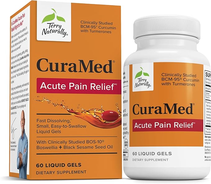 Terry Naturally CuraMed Acute Pain Relief - Supplement with BCM-95 Curcumin &amp BOS-10 Boswellia - Black Sesame Seed Oil to Support Relief of Occasional Discomfort - 60 Liquid Gels