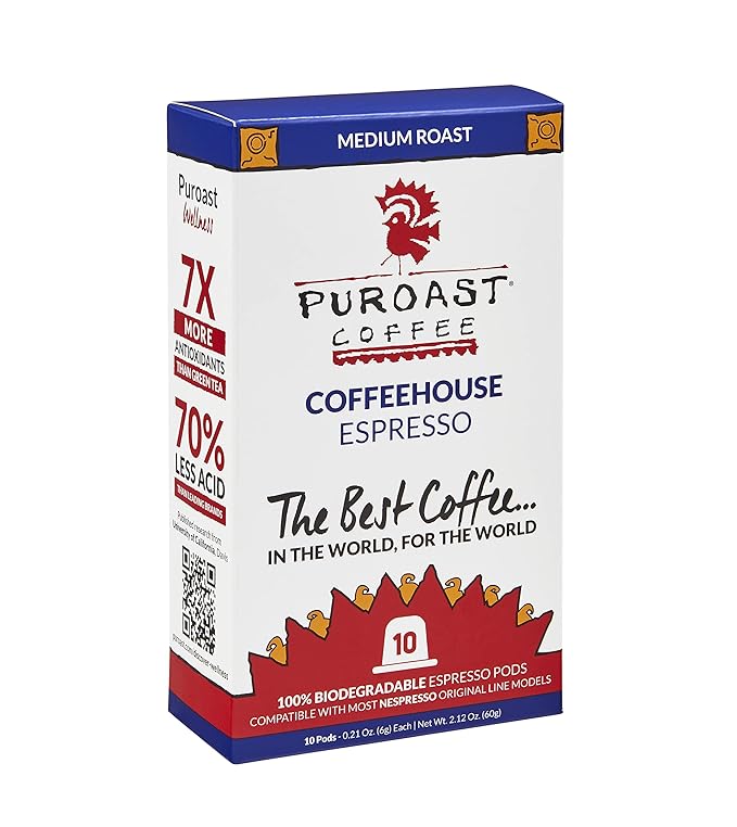 Puroast Coffeehouse Espresso Roast 30 Count100% Biodegradable Espresso Capsule High Antioxidant Smooth Compatible with Nespresso Original Line Machines*