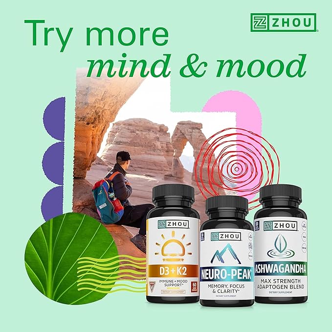 ZHOU Brain &amp Energy Support Bundle - Nootropic Brain Supplement for Memory &amp Focus 200mg L-Theanine &amp 100mg Caffeine Pills Natural Caffeine Boost - Energy + Focus (60 Caps) &amp Neuro-P