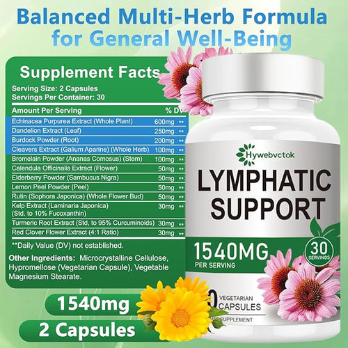 1540mg Lymphatic Drainage Supplements Lymph System Support Supplement for Women Men with Dandelion | Cleavers | Burdock | Echinacea | RutinReduce Swelling Lymphatic Cleanse &amp Detox 60 Capsules