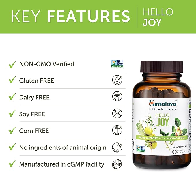 Himalaya Hello Joy Herbal Supplement with Ashwagandha Amla Bacopa Holy Basil/Tulsi Positive Outlook Supports Motivation Stress Relief Balanced Cortisol Non-GMO Vegan 60 Capsules