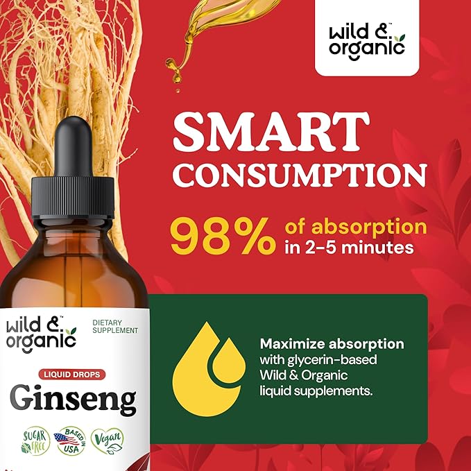Wild &amp Organic Korean Panax Ginseng Extract Liquid - Red Ginseng Root Supplement for Overall Well-Being - Immune Support Drops - Vegan Sugar &amp Alcohol-Free Tincture - 4 fl oz