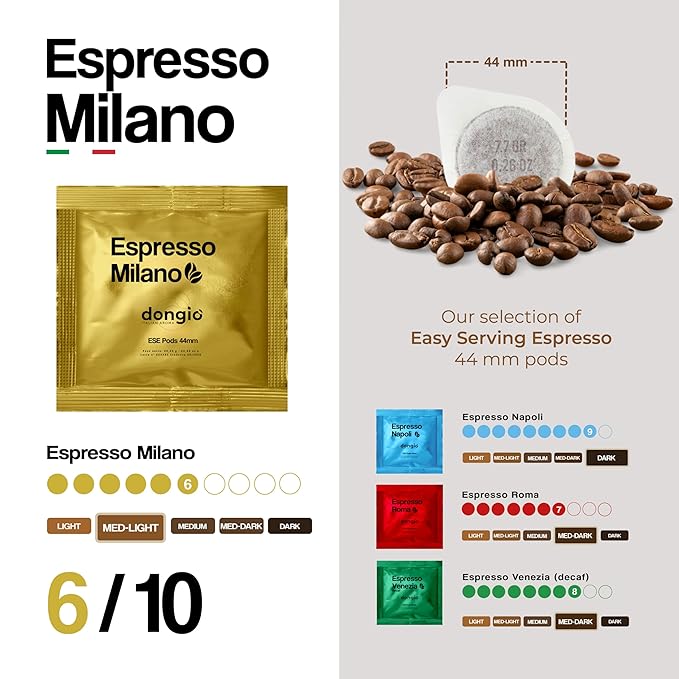Dongiò Caffè Espresso Milano - 50 Easy Serving Espresso Pods (ESE 44mm) – Med-Light Roast Coffee (Intensity 6/10) - Roasted and Blended in Italy