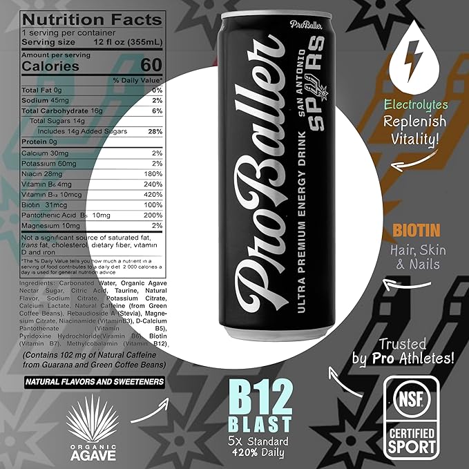 ProBaller Ultra Premium Energy Drink - Natural Clean NSF Certified Sport Drink - Gluten Free Amino Acids Taurine Biotin Organic Agave Vitamin B 12 Methylcobalamin Electrolytes - 15 Pack - Spurs