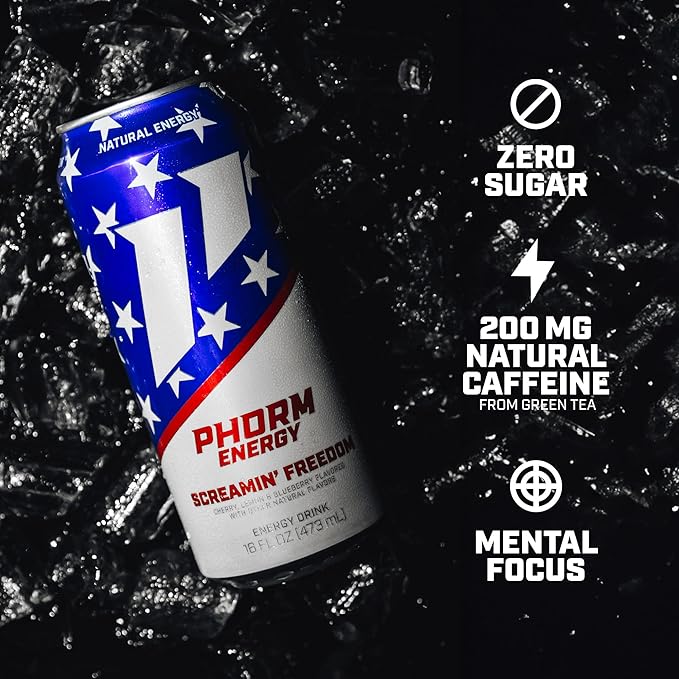 Phorm Energy Drink Screamin’ Freedom Rocket Pop Flavor Sugar Free 200 mg Natural Caffeine From Green Tea Electrolytes and Vitamin B12 Gluten Free Vegan 16 FL Oz Pack of 12