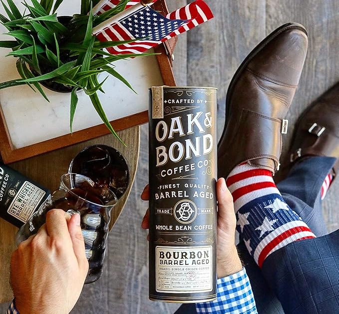 Oak &amp Bond Coffee Co. Bourbon Barrel Aged Coffee Brazil Single Origin Whole Bean Medium Roast - Chocolate Caramel Mandarin Orange Sweet Bourbon Flavors - 10oz