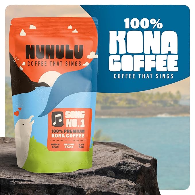 Nunulu Coffee That Sings - 100% Kona Whole Bean Coffee - Medium Roast - 100 Percent Pure Hawaiian Kona Beans - 7 Oz
