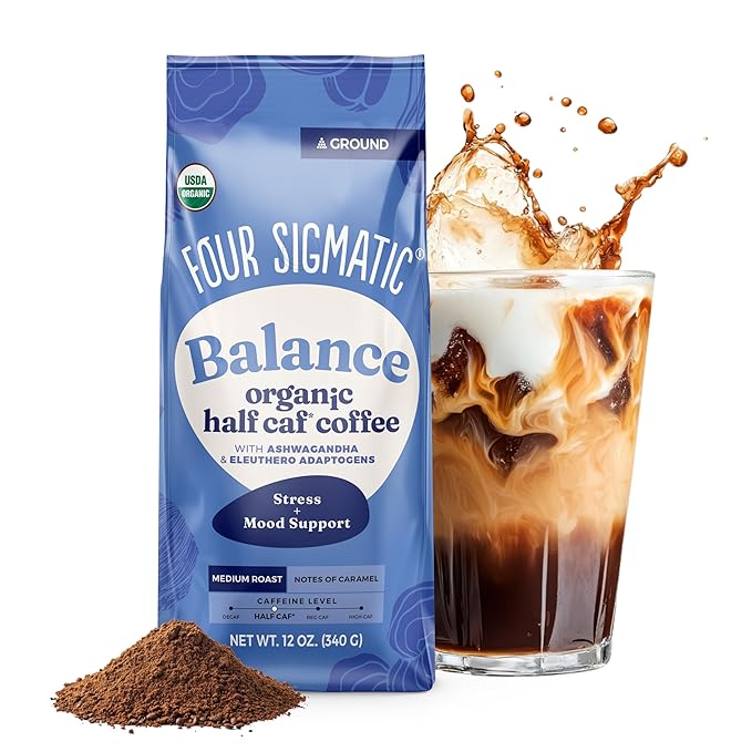Four Sigmatic Balance Ground Coffee + Cacao Creamer Bundle | Organic Coffee with Ashwagandha Chaga Mushroom Eleuthero and Tulsi and Organic Non Dairy Coffee Creamer with Lion’s Mane and L-theanine
