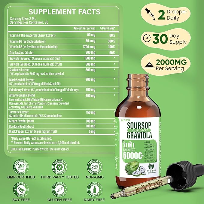 21-in-1 Soursop Graviola Liquid Drop Soursop Bitters Liquid 2000mg Organic Soursop Leaves &amp Fruit with 300mg Sea Moss Zinc Vitamins for Cellular Immune Skin Digestive Natural Flavor 60ML