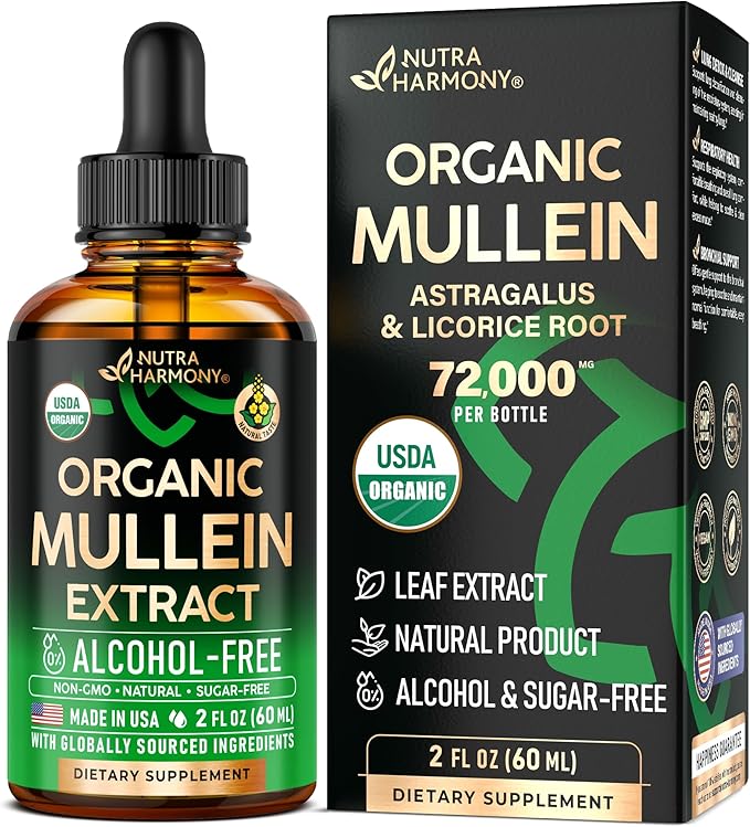 Mullein Drops for Lungs - USDA Organic Liquid - Mullein Leaf Extract Supplement - Made in USA - Lung &amp Bronchial Cleanse for Smokers - Respiratory Health Support - As Tincture Tea Pills - 2 fl o