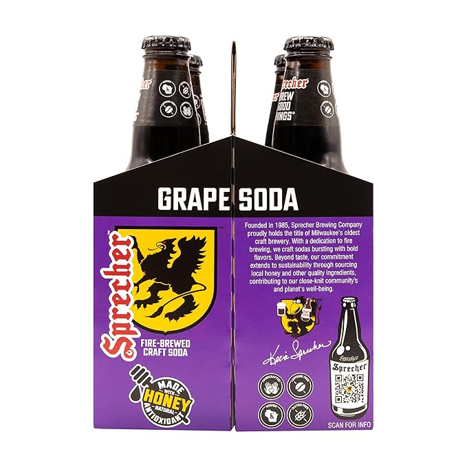 Sprecher Grape Soda in 16 fl oz Glass Bottles (12 Pack) Fire Brewed Craft Soda with Real Honey Bold Juicy Grape Flavor Naturally Flavored Gourmet Soft Drink