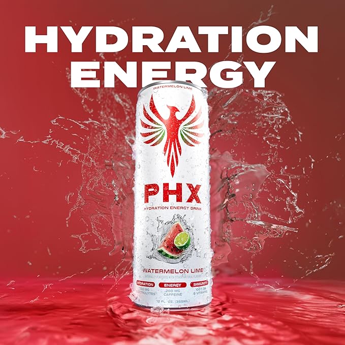 PHX Hydration Energy Drink - 700mg Electrolytes 200mg Natural Green Tea Caffeine 100% Daily Value 8 Essential Vitamins - 12 oz Cans (12 Pack) (12 Pack Variety Pack)