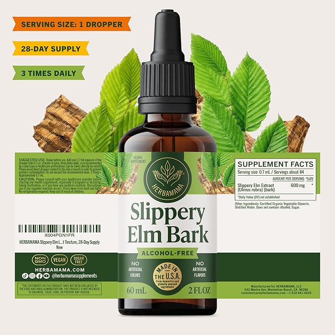 HERBAMAMA Slippery Elm Liquid Drops - Vegan Respiratory &amp Digestive Support with Slippery Elm Bark Extract - Non-GMO Alcohol &amp Sugar-Free Supplement Tincture 28-Day Supply