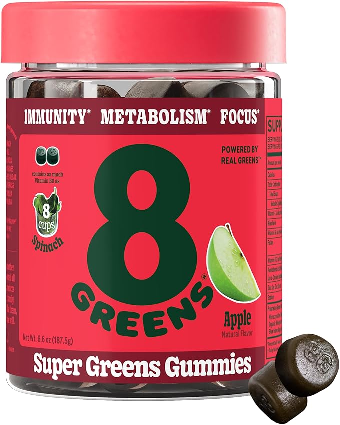 8Greens Supergreens Gummies | Super Greens Powder Superfood Gummy for Metabolism Immunity &amp Focus Digestive Health Enzymes Organic: Chlorella Spirulina Aloe Vera Apple Flavor 50 Count