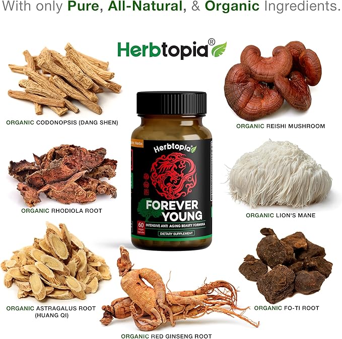 Forever Young Longevity Supplement for Immunity Anti Gray Hair Telomere Lengthening &amp Happy Mood w/Ginseng Astragalus Lions Mane Reishi Mushroom Codonopsis | Organic - 60 Caps