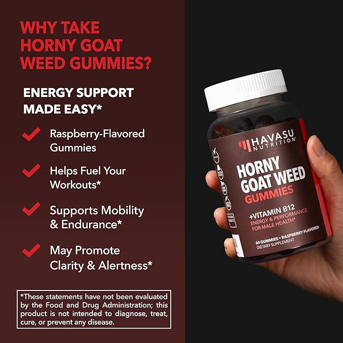 Horny Goat Weed Gummies with Vitamin B12 - Energy Endurance &amp Performance Support for Male Health - 60 Count - Vegetarian-Friendly Non-GMO Pectin-Based - Raspberry Flavor 1 Month Supply