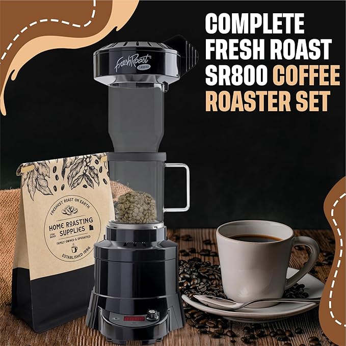 Fresh Roast Coffee Roaster Bundle SR800 Glass Extension Tube Burr Grinder (2 Lbs) Sample Pack of Green Beans (2- pack) Sample trays