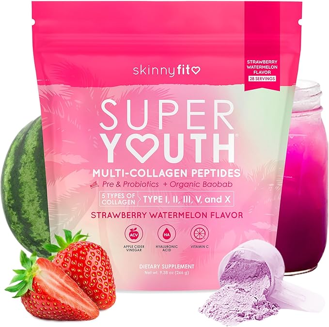 SkinnyFit - Super Youth Collagen for Women - Multi Collagen Peptides Powder - Probiotics Fiber Hyaluronic Acid - Non GMO Gluten Free Sugar Free - Beauty - Strawberry Watermelon (28 Servings)