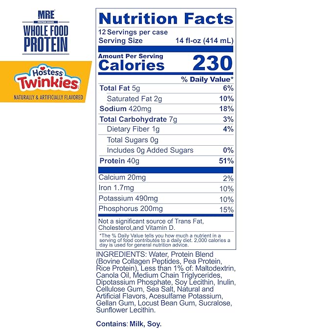REDCON1 MRE Ready to Drink Protein Shakes Hostess™ Twinkies - Lactose Free RTD Protein Made with Real Whole Food Protein Blends - Easy to Digest Nutritional Shake (12 Pack)