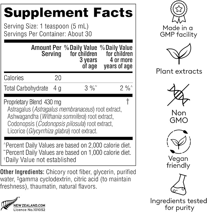 Children's Immune Daily Syrup Herbal Health &amp Energy Support with Astragalus Codonopsis Ashwagandha &amp Licorice Root Sweet Raspberry Flavor Plant-Based - 5.1 Fl oz (30 Servings)